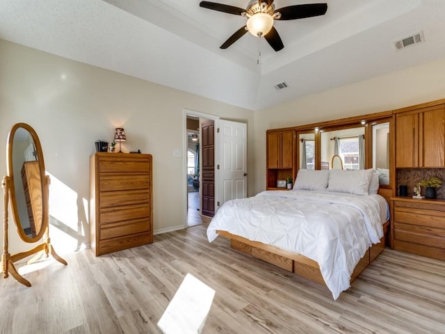 bedroom with baseboards, visible vents, and light wood finished floors