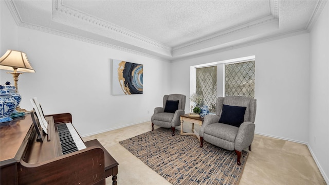 sitting room featuring crown molding, a raised ceiling, carpet flooring, a textured ceiling, and baseboards