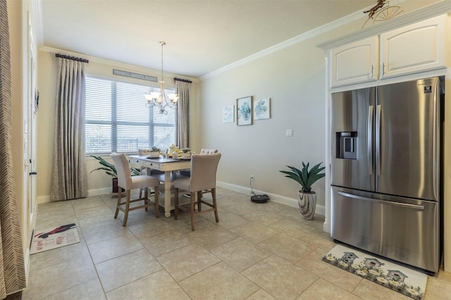 dining room with baseboards, ornamental molding, a chandelier, and light tile patterned flooring