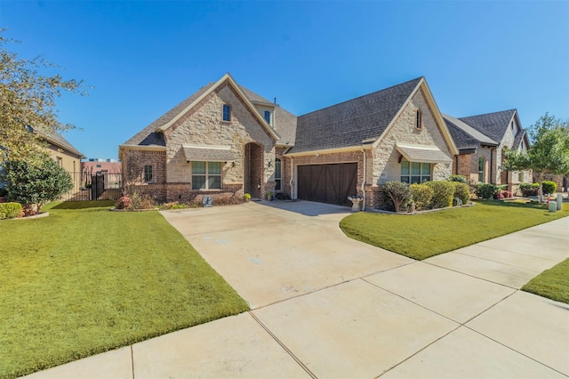 view of front of house featuring an attached garage, brick siding, concrete driveway, and a front yard