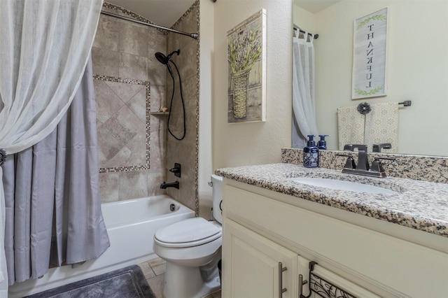 bathroom with toilet, shower / bath combo with shower curtain, and vanity