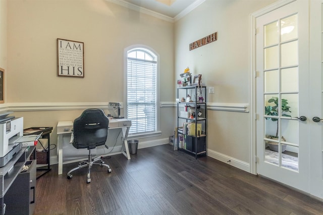 home office featuring ornamental molding, dark wood-type flooring, and baseboards