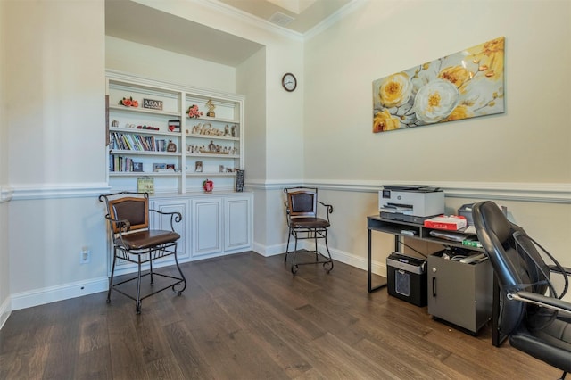 sitting room with crown molding, visible vents, baseboards, and wood finished floors