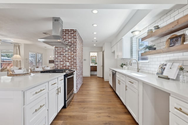 kitchen featuring stainless steel appliances, tasteful backsplash, light wood-style flooring, a sink, and wall chimney exhaust hood