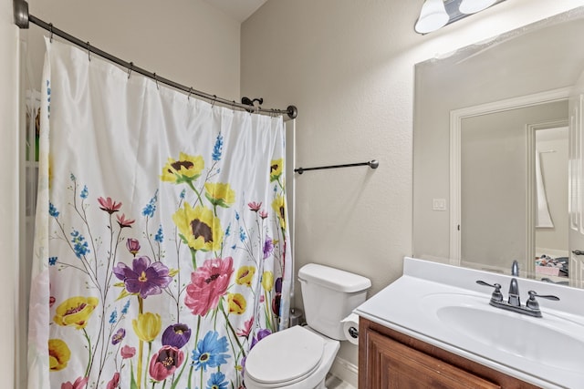 full bathroom with toilet, a shower with shower curtain, and vanity