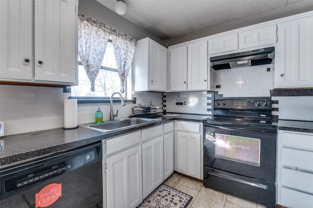 kitchen with black appliances, dark countertops, a sink, and under cabinet range hood