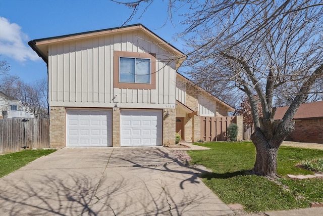 view of front of home featuring board and batten siding, brick siding, fence, and driveway