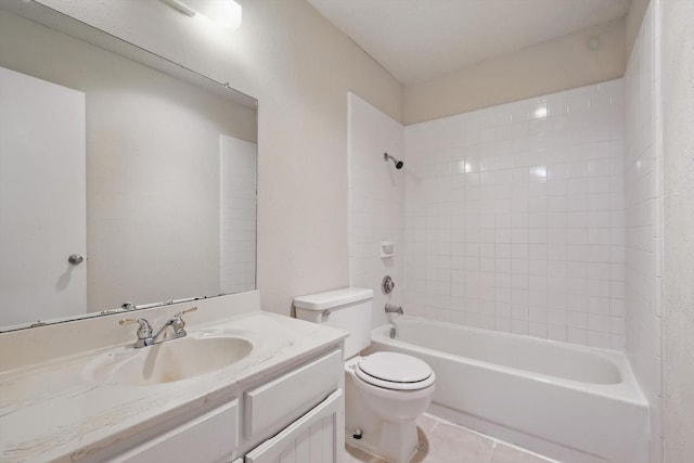 full bath featuring tile patterned flooring, shower / tub combination, vanity, and toilet