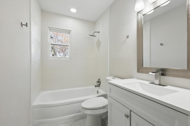 full bath with a textured wall, tub / shower combination, toilet, and vanity