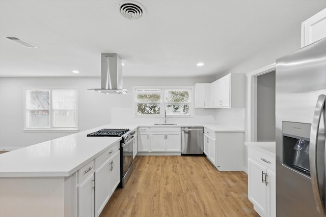 kitchen with a sink, visible vents, island range hood, and stainless steel appliances