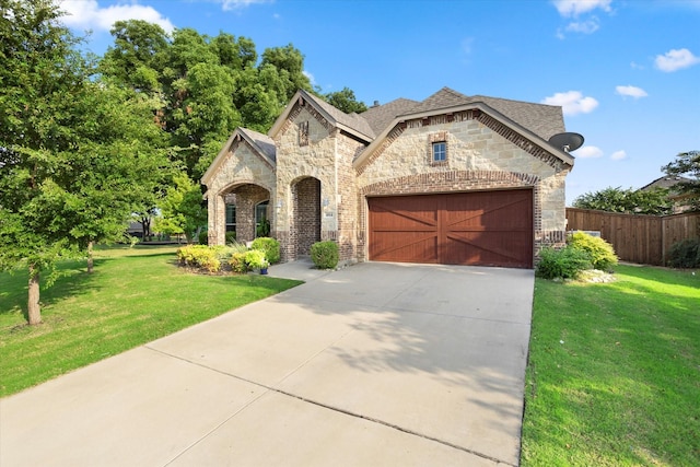 french country inspired facade featuring an attached garage, fence, concrete driveway, and a front yard