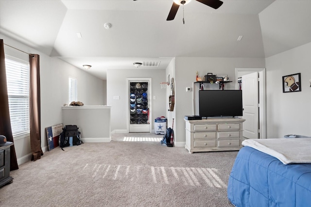 bedroom with baseboards, visible vents, vaulted ceiling, and carpet flooring