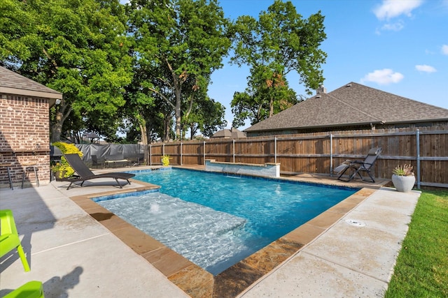 view of pool featuring a fenced in pool, a fenced backyard, and a patio