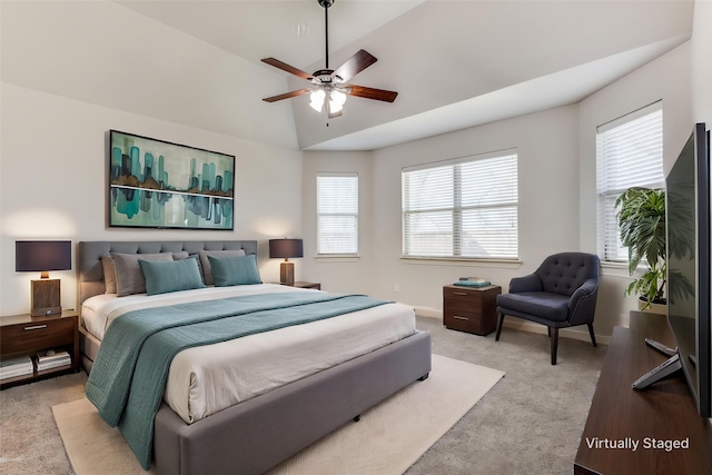 7721 Lake Worth Cv, Mckinney, TX 75071 - bedroom featuring light colored carpet, vaulted ceiling, ceiling fan, and baseboards