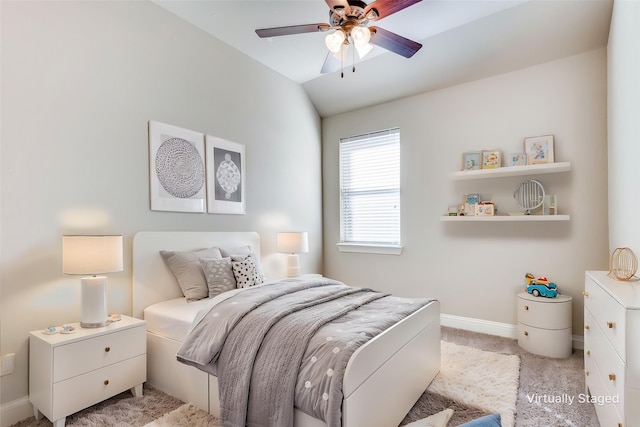 7721 Lake Worth Cv, Mckinney, TX 75071 - bedroom with baseboards, light colored carpet, lofted ceiling, and a ceiling fan