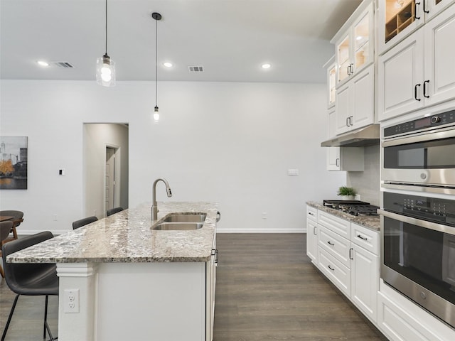 kitchen featuring under cabinet range hood, stainless steel appliances, a sink, visible vents, and dark wood finished floors