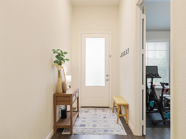 entryway with baseboards and dark wood finished floors