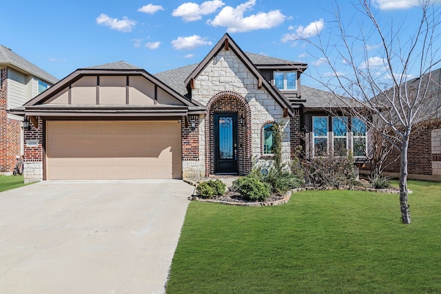 view of front of home featuring stone siding, concrete driveway, a front yard, and brick siding