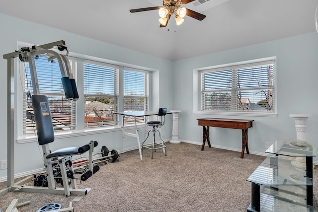 108 Gateway Dr, Alvarado, TX 76009 - exercise area with a healthy amount of sunlight, ceiling fan, baseboards, and carpet floors