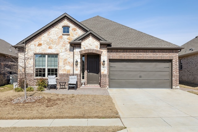 french country inspired facade with an attached garage, brick siding, concrete driveway, and roof with shingles