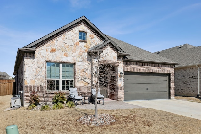 french country home featuring brick siding, roof with shingles, a garage, stone siding, and driveway