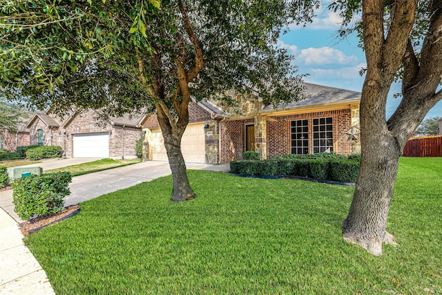 ranch-style home with an attached garage, brick siding, a shingled roof, concrete driveway, and a front lawn