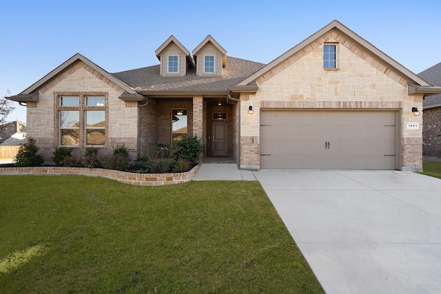 view of front of house with a garage, driveway, stone siding, roof with shingles, and a front yard