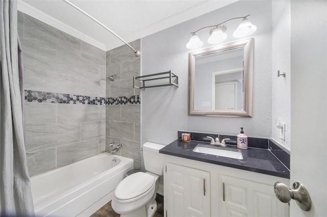 bathroom featuring a textured wall, shower / bathtub combination with curtain, toilet, ornamental molding, and vanity