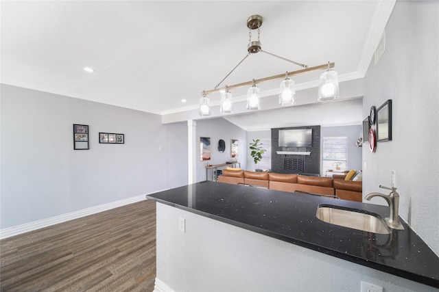 kitchen with a sink, visible vents, baseboards, dark wood finished floors, and crown molding