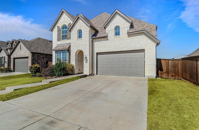 view of front of property with a front yard, concrete driveway, brick siding, and fence