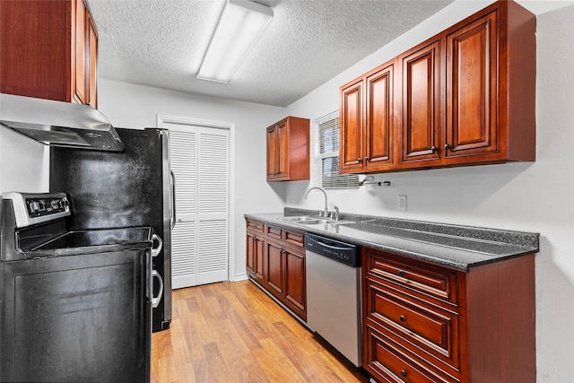 kitchen with exhaust hood, a sink, electric stove, dishwasher, and light wood finished floors