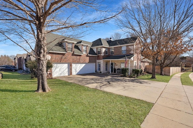 view of front facade featuring concrete driveway, brick siding, fence, and a front lawn