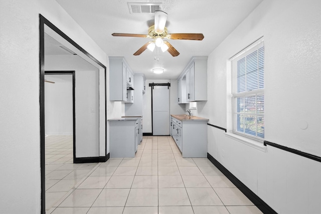 kitchen with light tile patterned floors, visible vents, white cabinetry, ceiling fan, and a sink