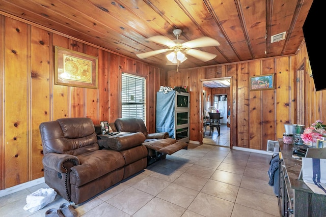 living area with light tile patterned floors, wood ceiling, visible vents, and ceiling fan