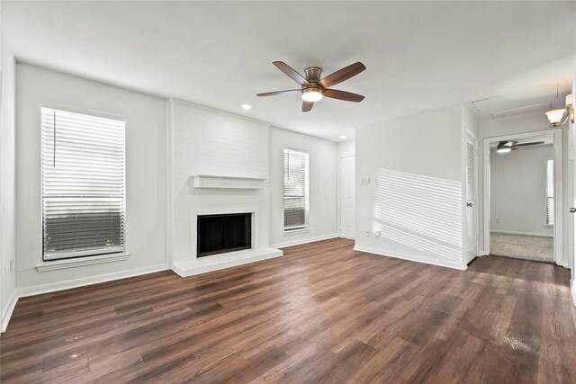 2109 Horizon Trl Unit 4014, Arlington, TX 76011 - unfurnished living room with a ceiling fan, a fireplace, dark wood-style flooring, recessed lighting, and baseboards