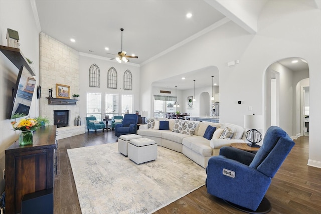 living area featuring ornamental molding, dark wood finished floors, a fireplace, and a towering ceiling