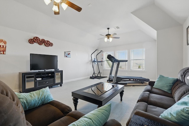 living area featuring lofted ceiling, a ceiling fan, visible vents, baseboards, and carpet