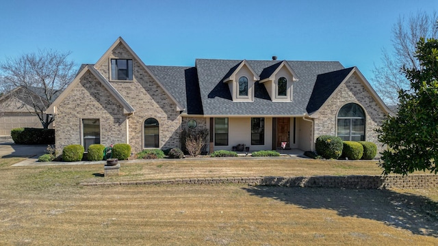 view of front facade featuring a front yard, covered porch, brick siding, and roof with shingles