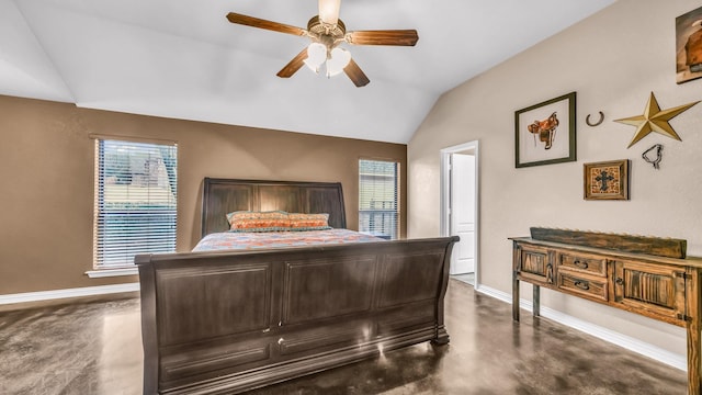 bedroom with concrete flooring, lofted ceiling, baseboards, and a ceiling fan