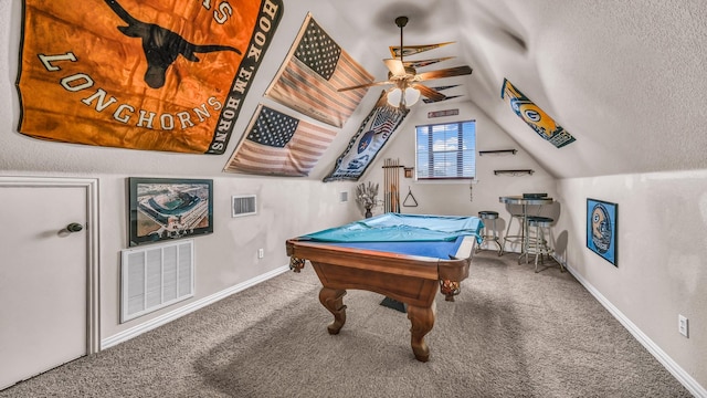 game room with a textured ceiling, pool table, visible vents, a ceiling fan, and carpet