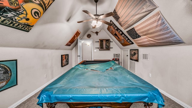 playroom featuring billiards, carpet flooring, visible vents, vaulted ceiling, and baseboards