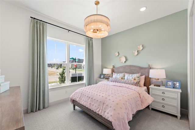 carpeted bedroom with recessed lighting, baseboards, and an inviting chandelier