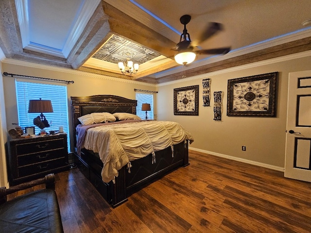 bedroom featuring ornamental molding, baseboards, and dark wood-type flooring