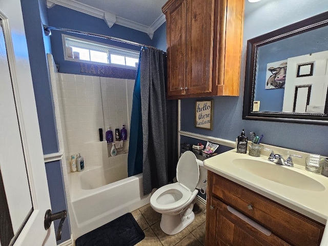 full bathroom featuring shower / bath combo, vanity, tile patterned floors, crown molding, and toilet