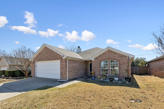 ranch-style home with brick siding, a chimney, a front yard, a garage, and driveway