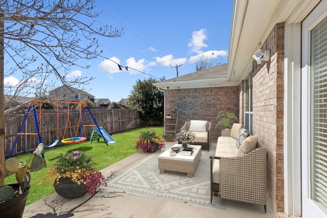10509 Splitridge Ct, Fort Worth, TX 76108 - fenced backyard featuring a playground, a patio, and outdoor lounge area