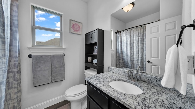 full bathroom featuring toilet, vanity, wood finished floors, a shower with curtain, and baseboards