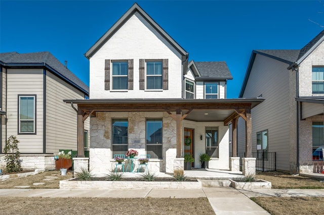 view of front facade featuring a porch and brick siding