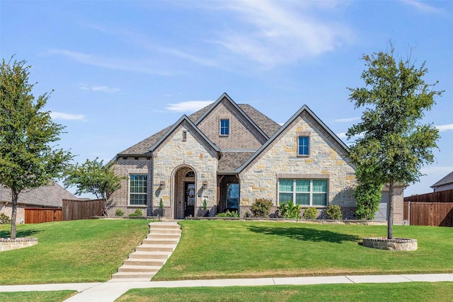 french country style house featuring fence and a front yard