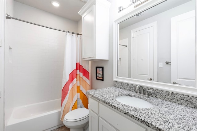 bathroom with toilet, recessed lighting, vanity, visible vents, and shower / tub combo with curtain